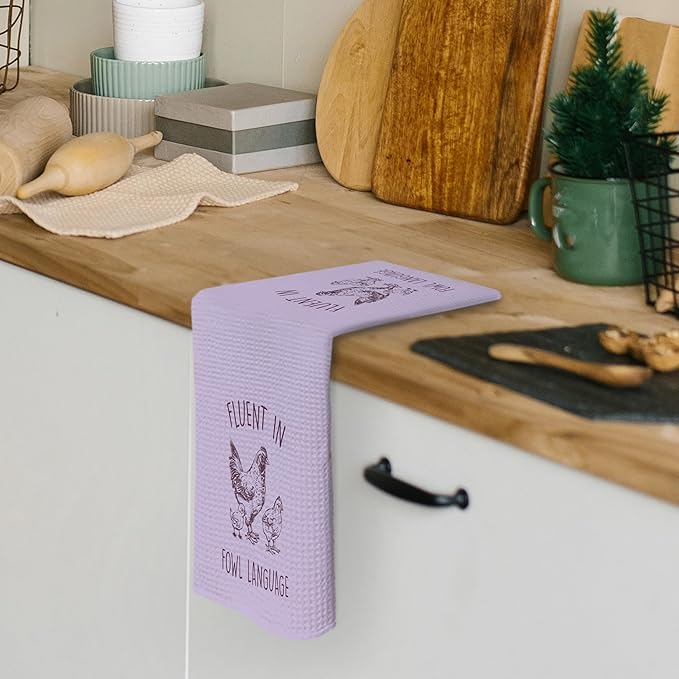 Funny Chicken Kitchen Dish Towels 16x24 Inch, Purple Crazy Chicken Gifts for Chicken Lover Chicken Mom, Fluent in Fowl Language Decorative Hand Towels Tea Towels for Farmhouse Home
