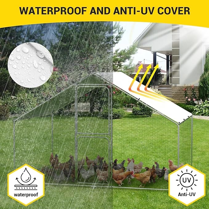 Large Metal Chicken Coop, Walk-in Poultry Cage, Chicken Run Pen House with Waterproof & Anti-Ultraviolet Cover Chicken Coop Run with Double Lockable Doors for Outdoor and Backyard 9.8 x 6.5X 6.6ft