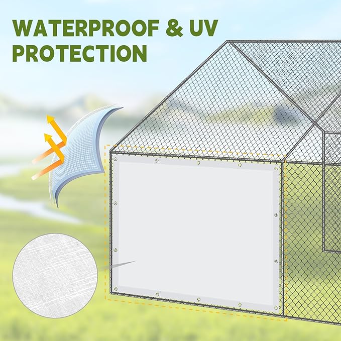 VitalCozy 2 Pcs Chicken Coop Cover Waterproof 6.3 x 3.9 ft Chicken Run Cover Coop Tarp Accessories for Winter with 50 Pcs Ball Bungees Cords for Outdoor (White)
