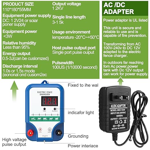 Electric Fence Kit, 8 Mile 12kV 2J Electric Fence Charger AC/DC Powered with 50 Insulators, Socket Tool, 250ft Aluminum Wire for Livestock Control, Predators Deterrent(LCD Display Ver.,Blue)