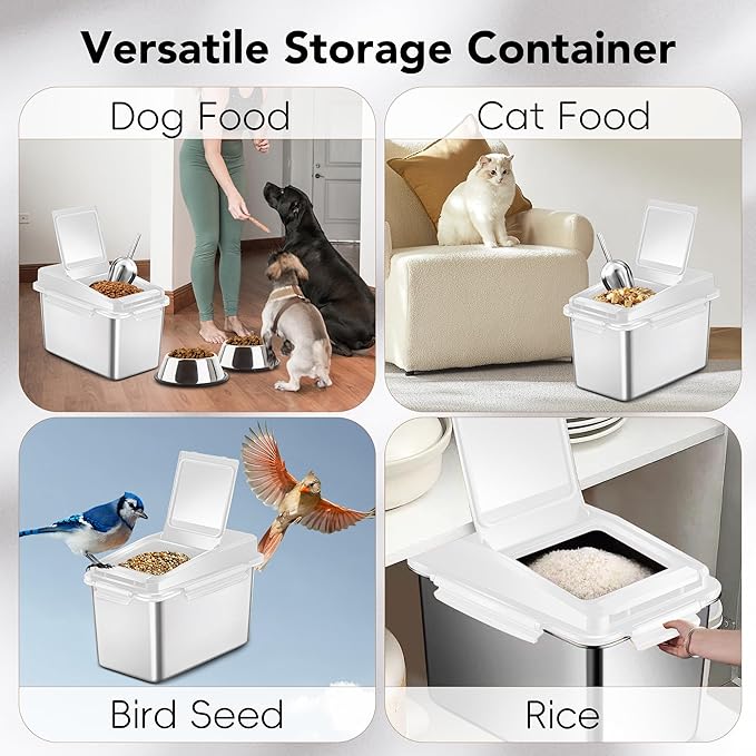 Newget Dog Food Storage Container Stainless Steel with Scoop, 16-lb/11-lb Airtight Metal Pet Food Storage Bin, Cat Food Container for Dry Dog, Cat Food, Bird Seed, Keep Food Fresh, White