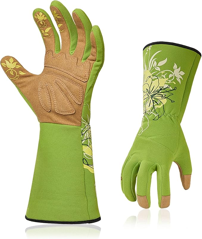 Vgo... 1-Pair Ladies' Synthetic Leather Gardening Gloves, Long Sleeves Gauntlet, Breathable & Grip Work Gloves, High Dexterity, Washable (Size S, Green, SL7445)