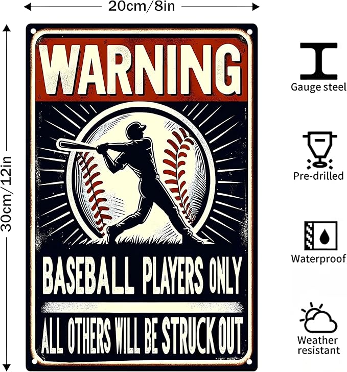 Warning Baseball Players Only Tin Signs-Metal Signs Baseball Posters,Baseball Gifts for Boys 8-12 for Boys Room Wall Decor(8×12 inch)