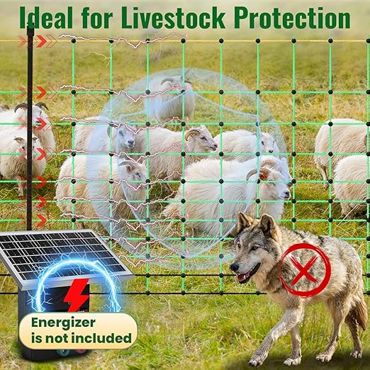 42.5" H x 164' L Electric Fence Netting, Electric Fencing for Sheep, Hogs, Cattle, PE Net Fencing Kit with 16 Posts Double Spiked, Movable Livestock Nets for Backyards, Homesteaders, Farms Ranches