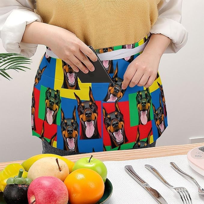 Unisex Chef Waiter Apron Waist Half Short Serving Aprons with 3 Pockets