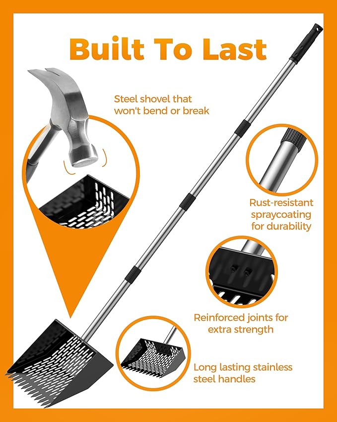 Chicken Poop Scooper & Rake 2-in-1, Adjustable Chicken Coop Pooper Shovel (35 to 62"), Sifting Litter Shovel Scoop for Chicken Coop/Goat Stall/Stable Cleaning Tool
