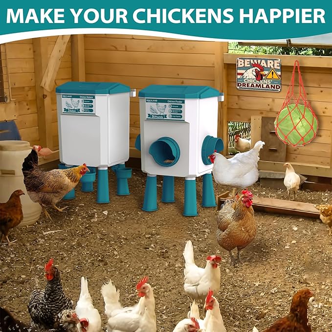 Chicken Feeder and Waterer Set - 2.8 Gallon/26 Pounds, Automatic Chicken Waterer with 4 Cups & 3 Feeder Ports, No Waste Poultry Feeders & Waterers, Chicken Coop Accessories for Hens/Ducks/Poultry