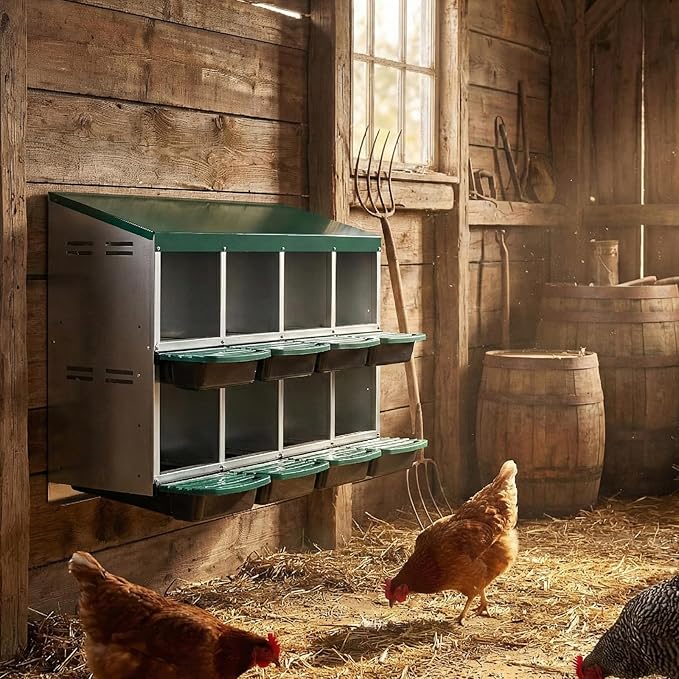 8 Compartment Roll Away Chicken Nesting Box, Wall Mount Hen House for Easy Egg Collection, Green Metal Nest Boxes with Pull-Out Trays, Prevents Broken Eggs