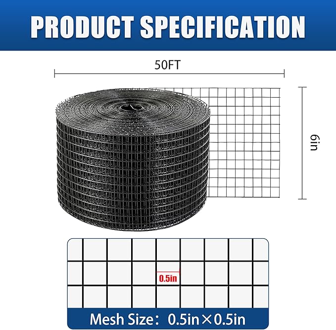 6in x 50FT Solar Panel Bird Mesh Black PVC Coated Steel Solar Panel Bird Guard Proofing Prevents Birds, Pigeons, and Critter Guard from Getting Under The Solar Panels
