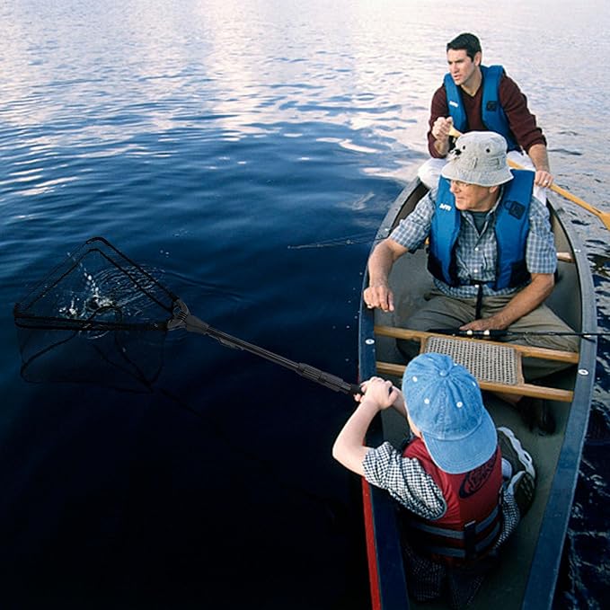 PLUSINNO Fishing Net Fish Floating Landing Net, Kayak Nets with Fixed Foldable Telescopic Pole Handle, Bass Trout Fishing Nets with Nylon Mesh for Pond Lake River, Fishing Gear Gifts for Men Anglers