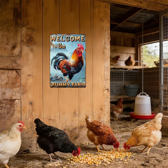 Funny Rooster Sign Welcome To The Funny Farm Rustic Tin Sign for Home Farm Chicken Coop Decor 12x8 Inch