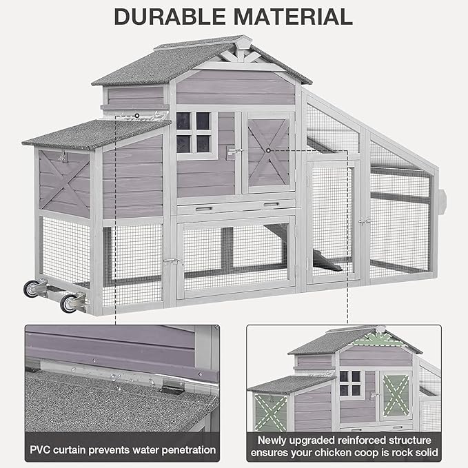 Chicken Coop with Wheels Wooden Outdoor Chicken House Easy Cleaning with Nesting Box, Deeper Leakproof Pull-Out Tray and UV Proof Panel Roof - Reinforced Version