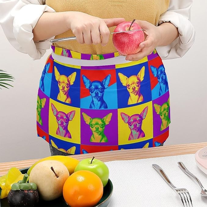 Unisex Chef Waiter Apron Waist Half Short Serving Aprons with 3 Pockets