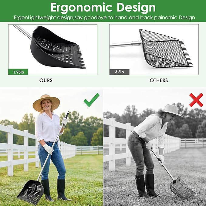 Heavy-Duty Yet Lightweight Chicken Poop Scooper & Rake 2-in-1, Adjustable Handle Length from 38" to 66", Features Manure Sifting Capability – Ideal for Chicken Coops and Farm Animal Cleaning (Black)