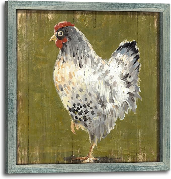 Farm Wall Art Wood Decor: Farmhouse Animal Framed Picture Rustic Chicken Print Painting Country Hen Artwork Decorations for Kitchen Home Living Room 12 x 12 Inches