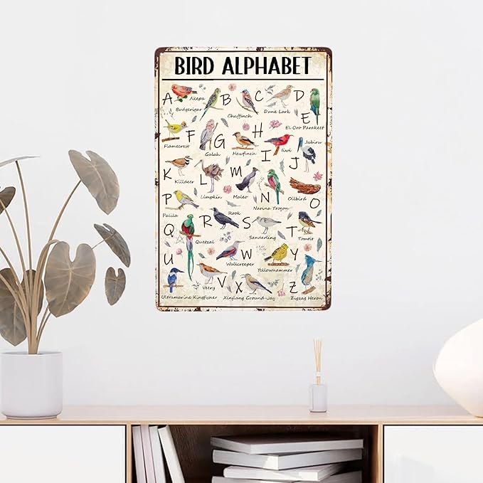 JOCASA Bird Alphabet Vintage Metal Poster Sign Decor-Retro Aluminum Metal Tin Sign for Home Wall Decor, Garden, Bedroom, Signs Gift,12''x 8''