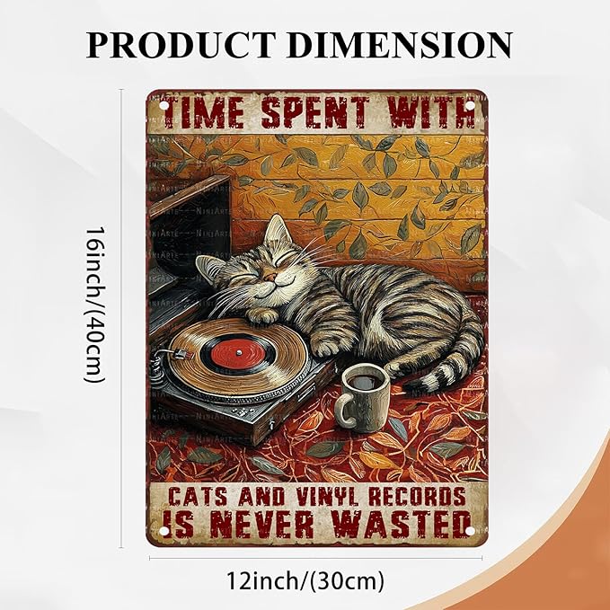 Vintage Vinyl Record Metal Sign Rustic Music Room Decor Cat Enthusiast Wall Art Quote 12X16Inch