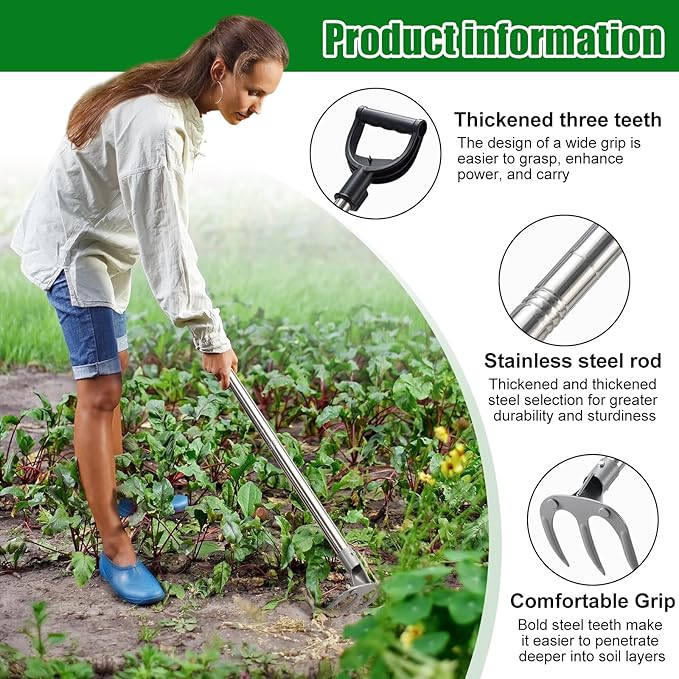 62" Hand Cultivator, 3-Tine Heavy Duty Long Handle Weeding Rakes with D-Handle for Gardens Raised Beds Orchards Small Farms and Harvesting Potatoes