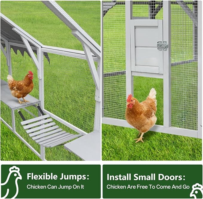 KEIKI 110"L Outdoor Large Chicken Coop with Waterproof Cover, Roosting Platform, Wire Mesh & 2 Lift Small Doors with Locks, Wood Chicken Coop House with Run for Cat Kitten Playpen, Duck, Rabbit, Quail