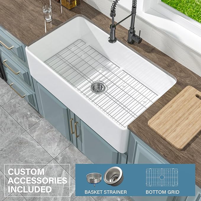 Extra Large White Farmhouse Sink 36 x 20 Inch, Firecaly Apron Front Undermount Farm Kitchen Sink Deep Single Bowl for Kitchen, w Accessories 2 Types, Fits MIN. Cabinet Size: 24"Dx39"W