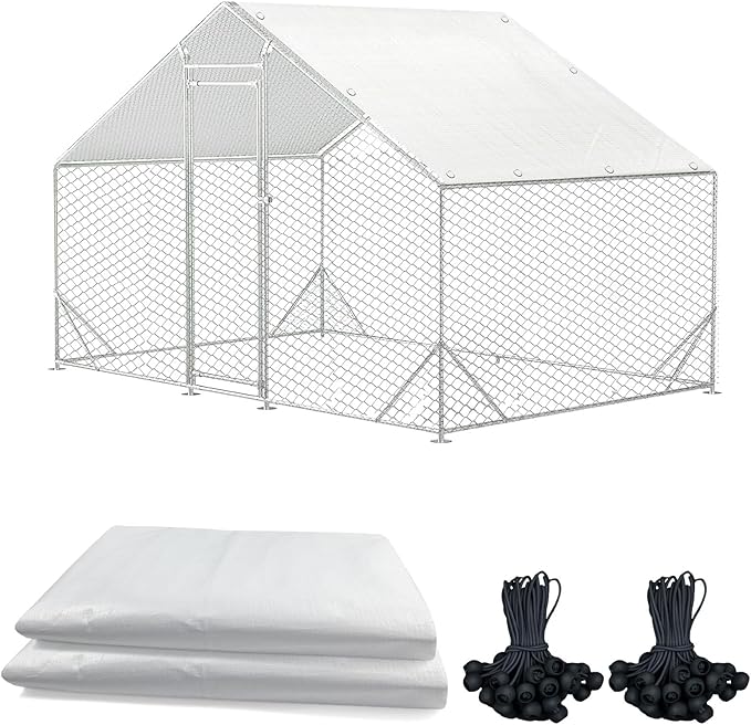 2 PCS Outdoor Chicken Coop Cover with 40 Piece Ball Bungee Cord ，Waterproof and Sunproof Enclosure Chicken Coop Tarp for Outdoor Large Walk-in Pens (only Cover,White, 11.5 x 6.5 ft)