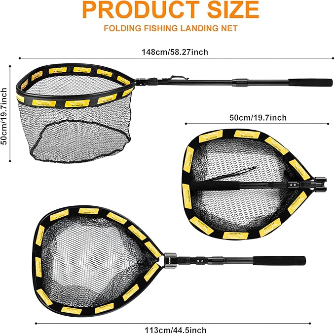 PLUSINNO Fishing Net Fish Floating Landing Net, Kayak Nets with Fixed Foldable Telescopic Pole Handle, Bass Trout Fishing Nets with Nylon Mesh for Pond Lake River, Fishing Gear Gifts for Men Anglers