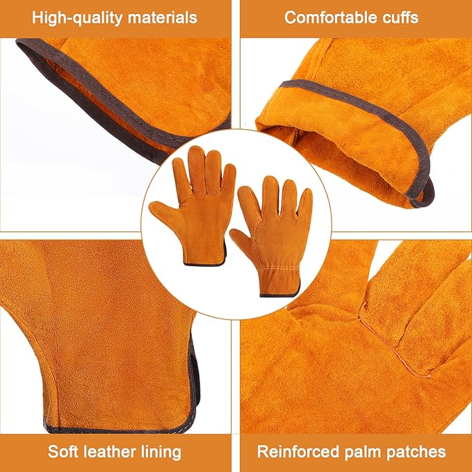 12 Pairs Leather Work Gloves Cowhide Leather Gardening Gloves with Reinforced Palm and Elastic Band, Thick Leathers Glove for Men Women Construction, Wood Cutting, Driving, Automotive Repair (Yellow)