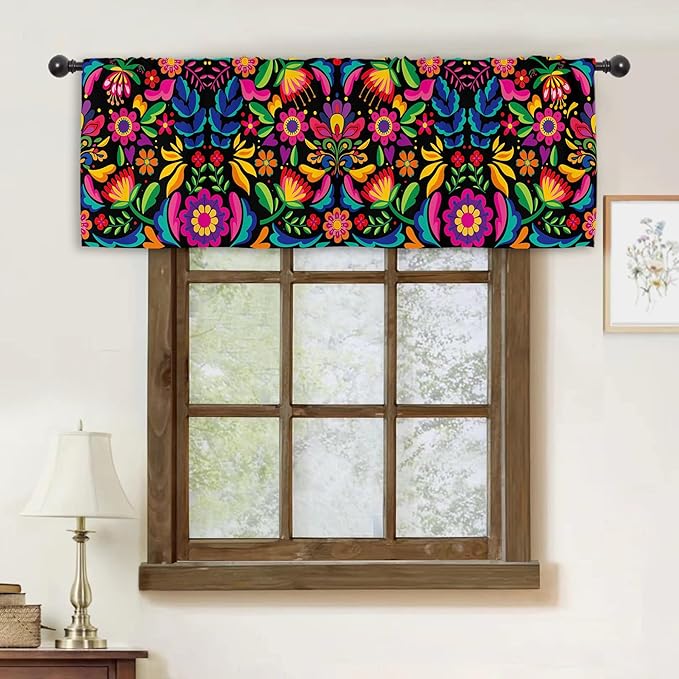 Miyotaa Mexican Fiesta Kitchen Curtain Valance 54W x 18H Rod Pocket Cinco De Mayo Dia De Los Muertos Colorful Flower Window Treatment for Living Room Bedroom Bathroom Laundry