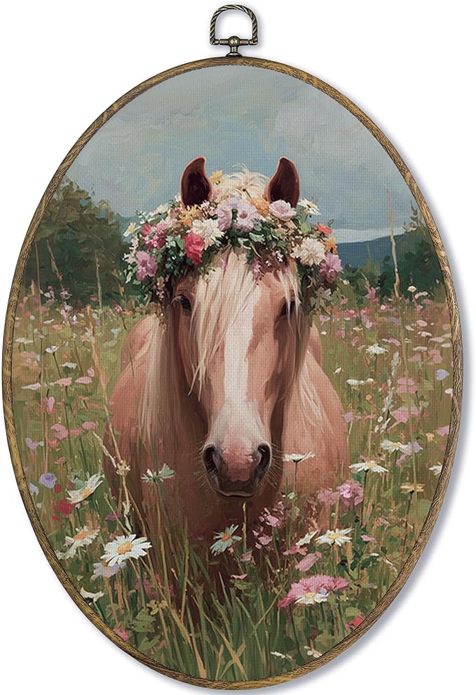 Fewgb Vintage Horse Oval Wall Art Decor Framed Gifts for Horse Lovers, Rustic Farmhouse Cottagecore Wildflower Canvas Wall Art Prints Picture, Horses Hanging Decor Artwork for Bedroom Living Room 9x12