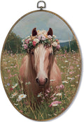 Fewgb Vintage Horse Oval Wall Art Decor Framed Gifts for Horse Lovers, Rustic Farmhouse Cottagecore Wildflower Canvas Wall Art Prints Picture, Horses Hanging Decor Artwork for Bedroom Living Room 9x12