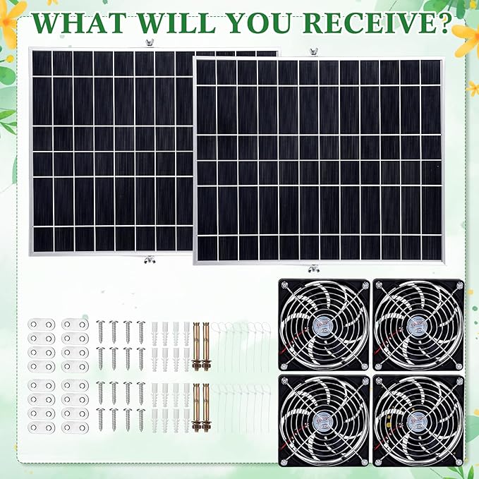 2 Set 20w Solar Powered Fan Kit for Chicken Coop IP67 Waterproof Dual Solar Greenhouse Fan 3500 RPM High Speed Exhaust Fan with 10ft Cable for Shed Pet House Window Outside Inside