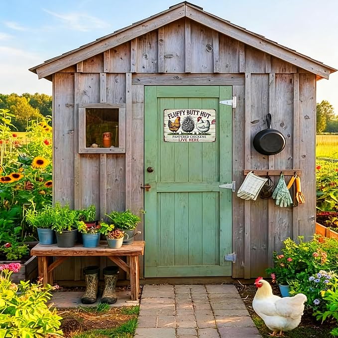 Funnysign Vintage Fluffy Butt Hut Pampered Chickens Live Here Chicken Tin Sign for Chicken Coop Farm Kitchen Garden Yard Decor 8x12 inch (3941)