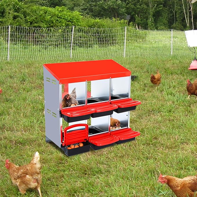 Chicken Nesting Boxes 6 Compartments Chicken Laying Boxes Roll Away Egg Collection Metal Poultry Nest Box with Perch and Lid Cover Free Standing Egg Laying Boxes for Hens Chicken
