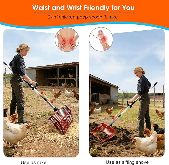 Heavy Duty Chicken Poop Scooper & Rake 2 in 1,Adjustable Angle Handle Chicken Coop Metal Litter Scoop & Sand Sifting Shovel,Pooper Scooper for Dog,Cat,Poultry,Farm Animals,36"-66"