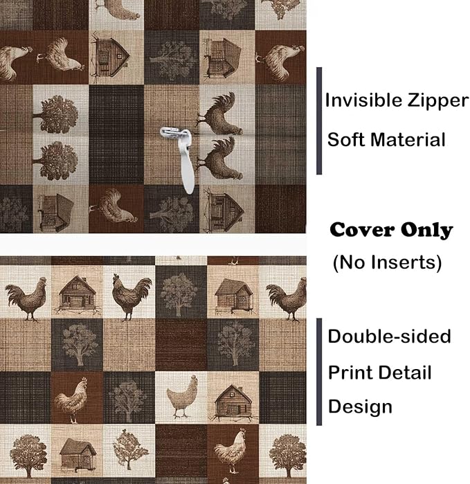 Farmhouse Chicken Patchwork Print Throw Pillow Covers 18x18 Inch, Set of 2 | Rustic Country Square Cushion Cases for Couch Sofa Bedroom | Neutral Brown Home Decor, Decorative Pillowcases