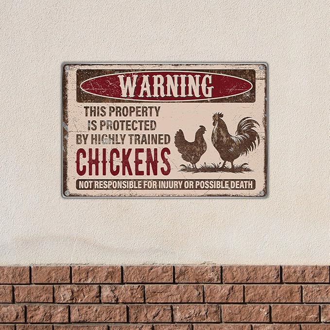 Warning This Property Is Protected By Highly Trained Chickens Vintage Metal Sign For Farm Chicken Coop Rural Home Or Garden 12 x 8 Inch Kitchen Wall Art