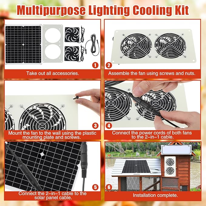 2 Set 25W 12V Solar Panel Dual Metal Shell Fan Kit and Solar Chicken Coop Shed Light with Timer, Waterproof for Inside Chicken Coop, Shed, Greenhouses, Pet House