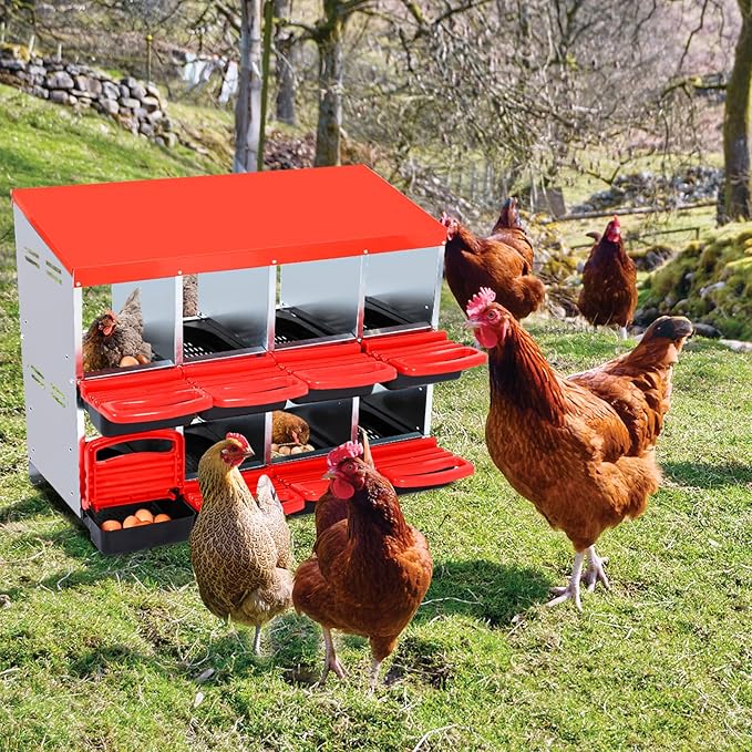 Wall-Mountable Galvanized Steel Chicken Nesting Boxes, 6/8Hole Metal Laying Box with Ventilated Design, Roll Away Egg Collection Tray, Weatherproof Hen Roosting Boxes for Coop