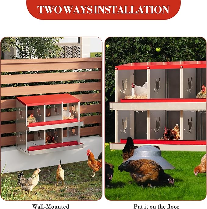 Chicken Nesting Box,6 Compartments Galvanized Steel Metal Chicken Laying Box with Roll Out Egg Collection,Wall Mount Chicken Nesting Boxes,Easy Egg Collection, Hen Roosting Boxes