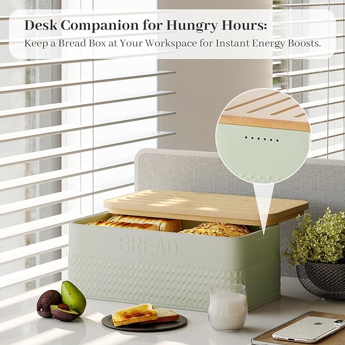 Bread Box for Kitchen Countertop - Metal Bread Storage with Bamboo Cutting Board Lid & Bread Knife, Corner Bread Container for Homemade Bread and Toast, Green