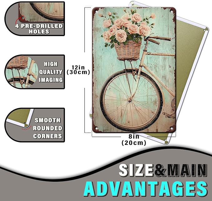 PEACHGARDEN Vintage Spring Metal Sign Bike with Flower Wall Decor Farmhouse Decor for Home Cafes Office Store Pubs Club 8x12inch
