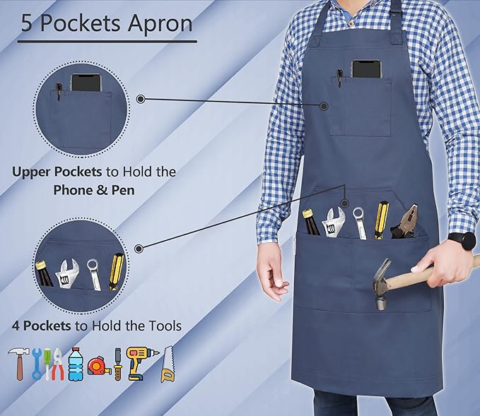 RUVANTI Work Apron for Men, Oil & Water Repellent, Poly Cotton Cross Back Aprons for Women with Pockets, Adjustable up to XXL