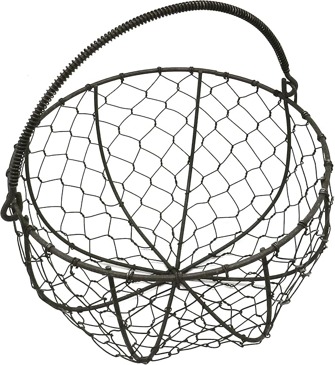 CVHOMEDECO. Round Metal Wire Egg Basket Wire Gathering Basket with Handle Country Vintage Style Storage Basket. Rusty, Dia. 8 X H 4-3/4 Inch