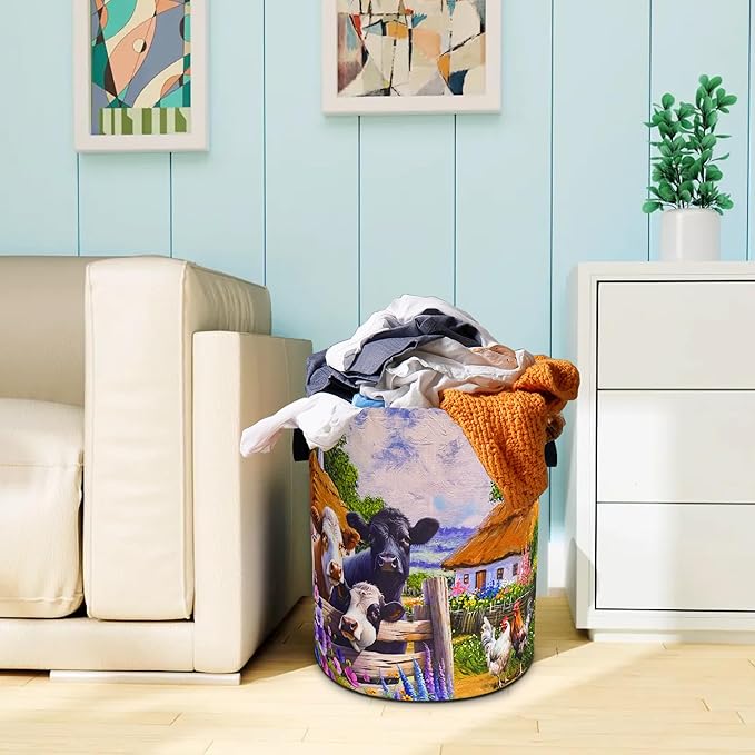 Farm Cow Chicken Laundry Basket Oxford Cloth Beautiful Laundry Hamper With Handle Foldable Portable Clothes Storage Basket 18.9 X 16.5 In Storage Bag For Laundry Room/Bathroom/Bedroom/Dormitories