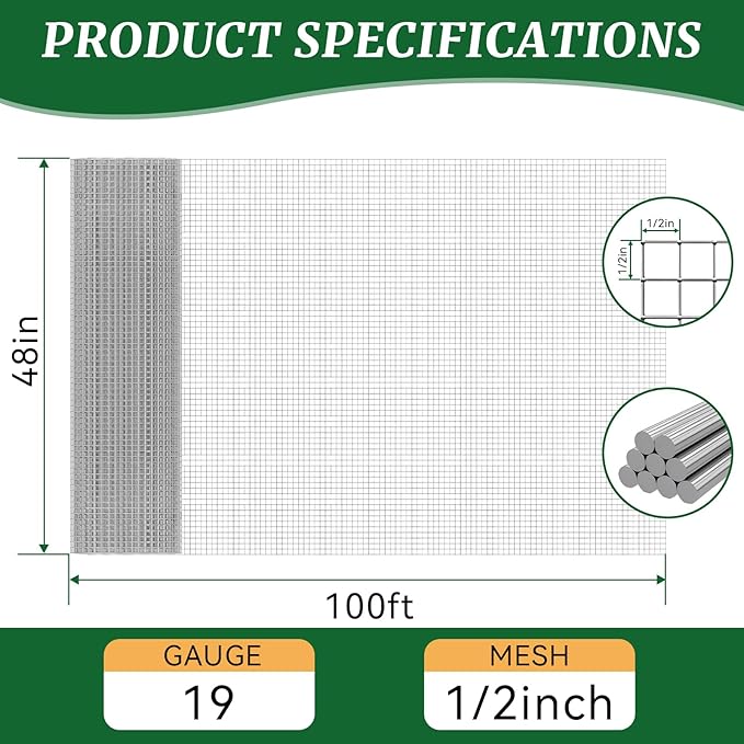 48in x 100ft 19 Gauge Hardware Cloth 1/2 Inch Mesh Roll - Galvanized Chicken Wire Fencing for Garden Fence, Poultry Netting, Gopher Barrier, Animal Cage Screen, Chicken Wire Craft Projects