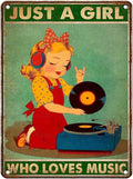 Vintage Music Tin Sign Just A Girl Who Loves Music Retro Girl Metal Poster Nostalgic Wall Decor Wall Art For Home Cafe Bar Living Room Bedroom Pub Club 16 * 12In