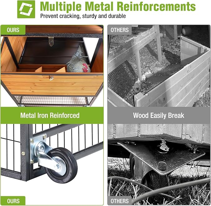 GUTINNEEN Mobile Chicken Coop Upgraded with All Arounded Metal Frame Expandable Hen House with Super Large Wheels for 4–6 Chickens, 3 Nesting Boxes, Metal Run, 85" L