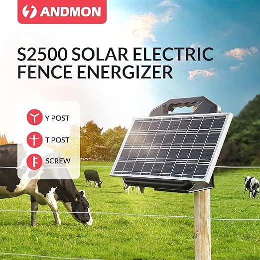 S2500 2.2 Joule Solar Fence Charger, 60 Miles Solar Electric Fence Charger for Livestock, Horses, Cattle Sheep, Portable and Super Tough