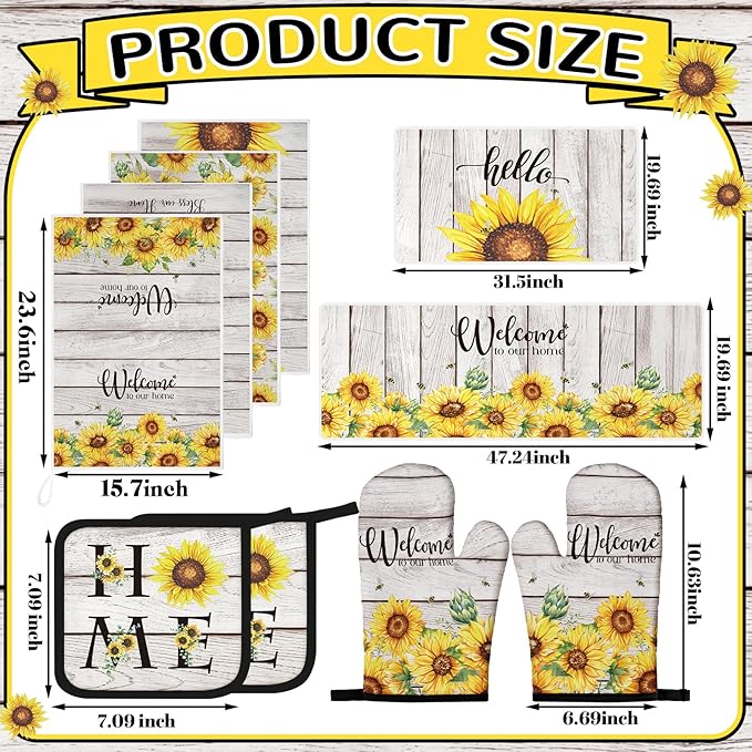 10 Pcs Farmhouse Sunflower Kitchen Decor Set Sunflower Kitchen Towels and Rugs Oven Mitts Pot Holders for Cooking Baking Grilling Gift