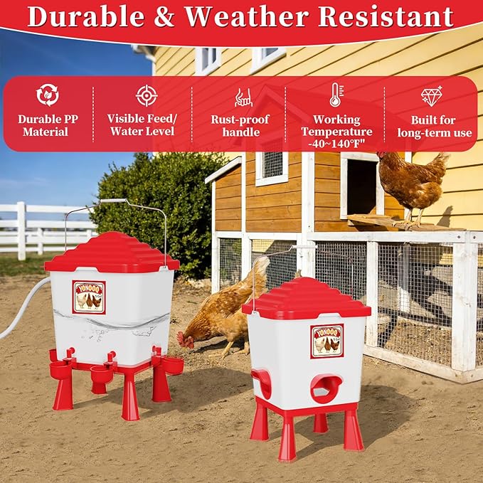 5 Gallon/26 Pounds Automatic Chicken Feeder and Waterer Set, Chicken Waterer with Automatic Float Valve, No Waste, Rain Proof Poultry Feeder, Chick Coop Accessories, for Chicken, Duck, Turkey
